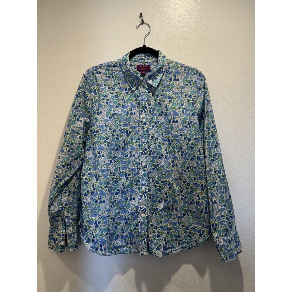 J Crew Liberty Blue Floral Print Shirt Size 14 Button Down Preppy Cottage Work